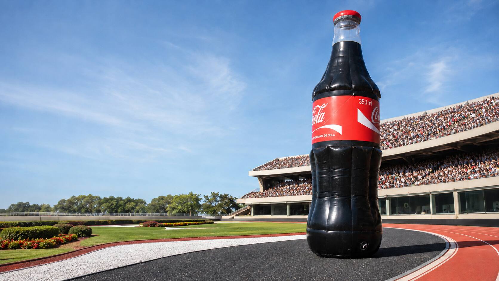 Réplica inflável promocional de garrafa em evento esportivo
